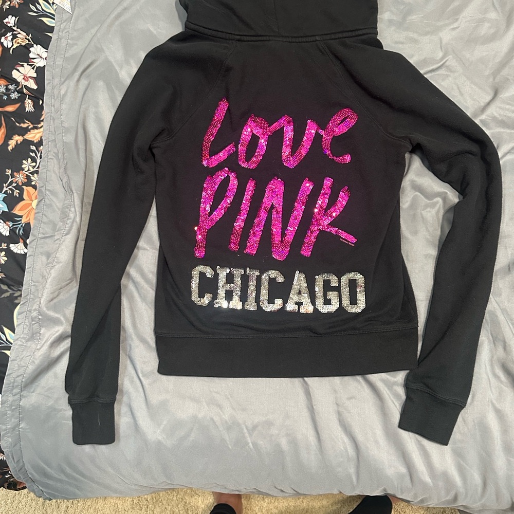 PINK Victoria's Secret Black Hoodie with Pink and Silver sequins, Chicago